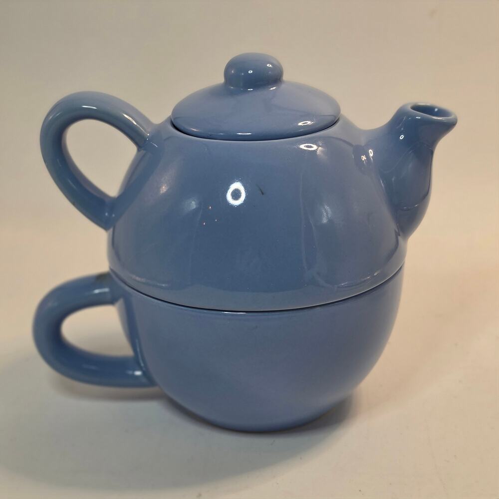 Pier 1 Imports Blue Stoneware Tea for One Set Stackable Teapot & Cup - Vintage